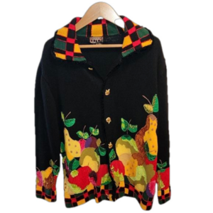 Vintage Berek Jamie cotton hand knitted fruit patchwork beaded cardigan sz S